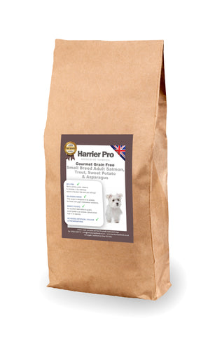 Gourmet Grain Free Salmon, Trout, Sweet Potato & Asparagus Small Breed Adult Dog Food - HarrierProPetFoods.co.uk